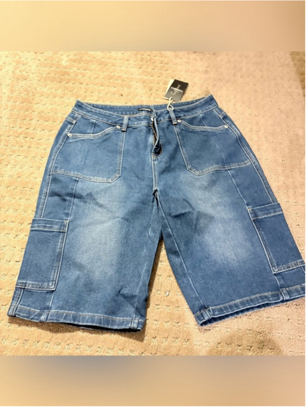 Flamingals Mid Waist Denim Bermuda Shorts Wash Pocket Side Knee Length Cargo - Picture 6 of 8
